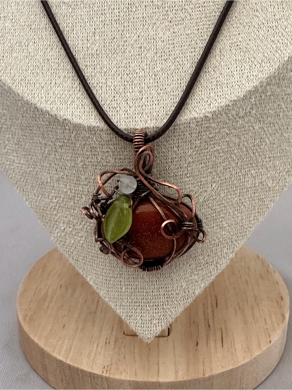 Handmade Copper Wire Wrapped Goldstone Stone Pendant with Green Accent Necklace